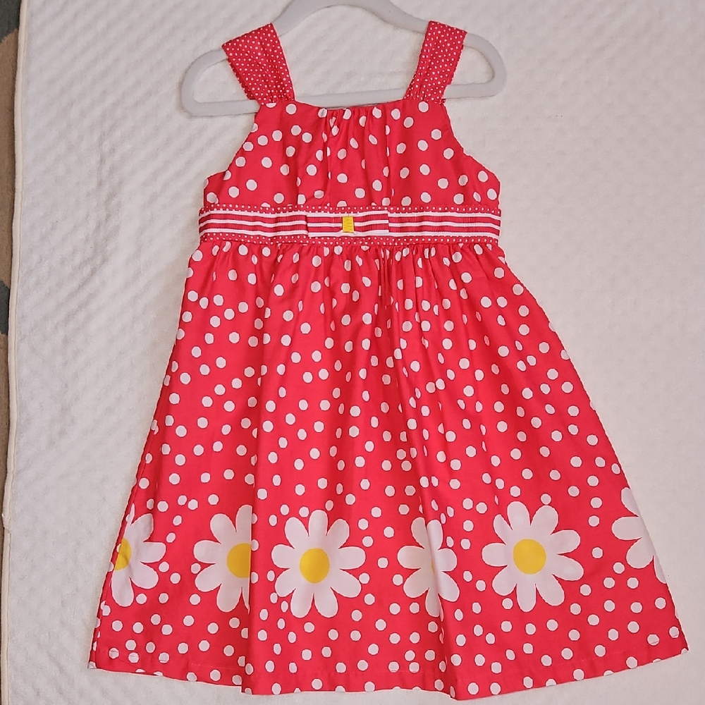 Blueberi Boulevard Red Polka Dot Dress with Daisy Accents